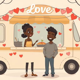 A cute and romantic sombre animated figure drawing of a food truck decorated with hearts and love symbols