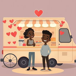 A cute and romantic sombre animated figure drawing of a food truck decorated with hearts and love symbols