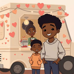 A cute and romantic sombre animated figure drawing of a food truck decorated with hearts and love symbols