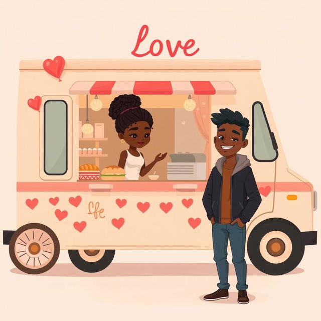 A cute and romantic sombre animated figure drawing of a food truck decorated with hearts and love symbols