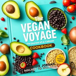 Design a vibrant and colorful cover for a vegan cookbook titled 'The Vegan Voyage' by Monique Jordan