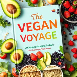 Design a vibrant and colorful cover for a vegan cookbook titled 'The Vegan Voyage' by Monique Jordan