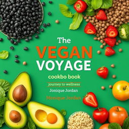 Design a vibrant and colorful cover for a vegan cookbook titled 'The Vegan Voyage' by Monique Jordan