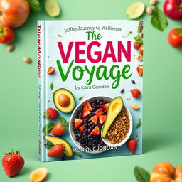 Design a vibrant and colorful cover for a vegan cookbook titled 'The Vegan Voyage' by Monique Jordan