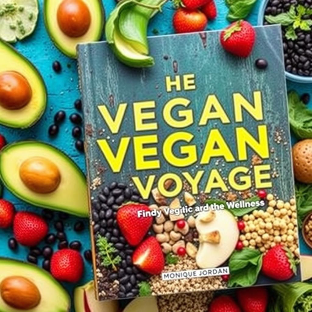 Create a vibrant and colorful cover for a vegan cookbook titled 'The Vegan Voyage' by Monique Jordan