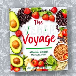 Create a vibrant and colorful cover for a vegan cookbook titled 'The Vegan Voyage' by Monique Jordan