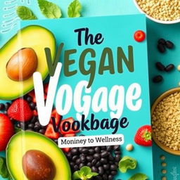 Create a vibrant and colorful cover for a vegan cookbook titled 'The Vegan Voyage' by Monique Jordan