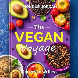 Create a vibrant and colorful cover for a vegan cookbook titled 'The Vegan Voyage' by Monique Jordan