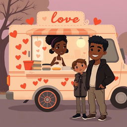 A cute and romantic sombre animated figure drawing of a food truck decorated with hearts and love symbols