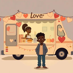 A cute and romantic sombre animated figure drawing of a food truck decorated with hearts and love symbols