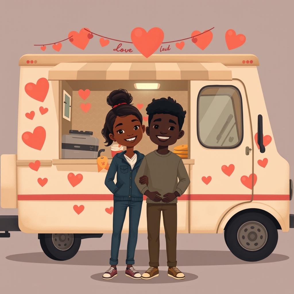 A cute and romantic sombre animated figure drawing of a food truck decorated with hearts and love symbols