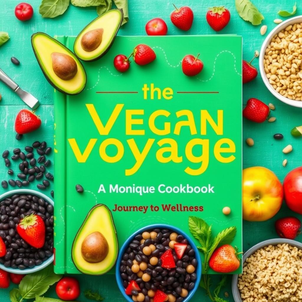 Create a vibrant and colorful cover for a vegan cookbook titled 'The Vegan Voyage' by Monique Jordan