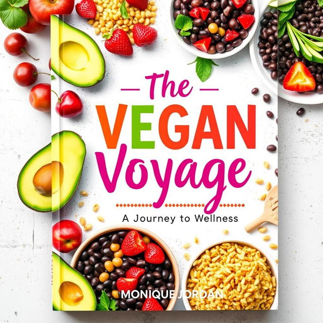 Create a vibrant and colorful cover for a vegan cookbook titled 'The Vegan Voyage' by Monique Jordan