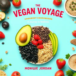 Create a vibrant and colorful cover for a vegan cookbook titled 'The Vegan Voyage' by Monique Jordan