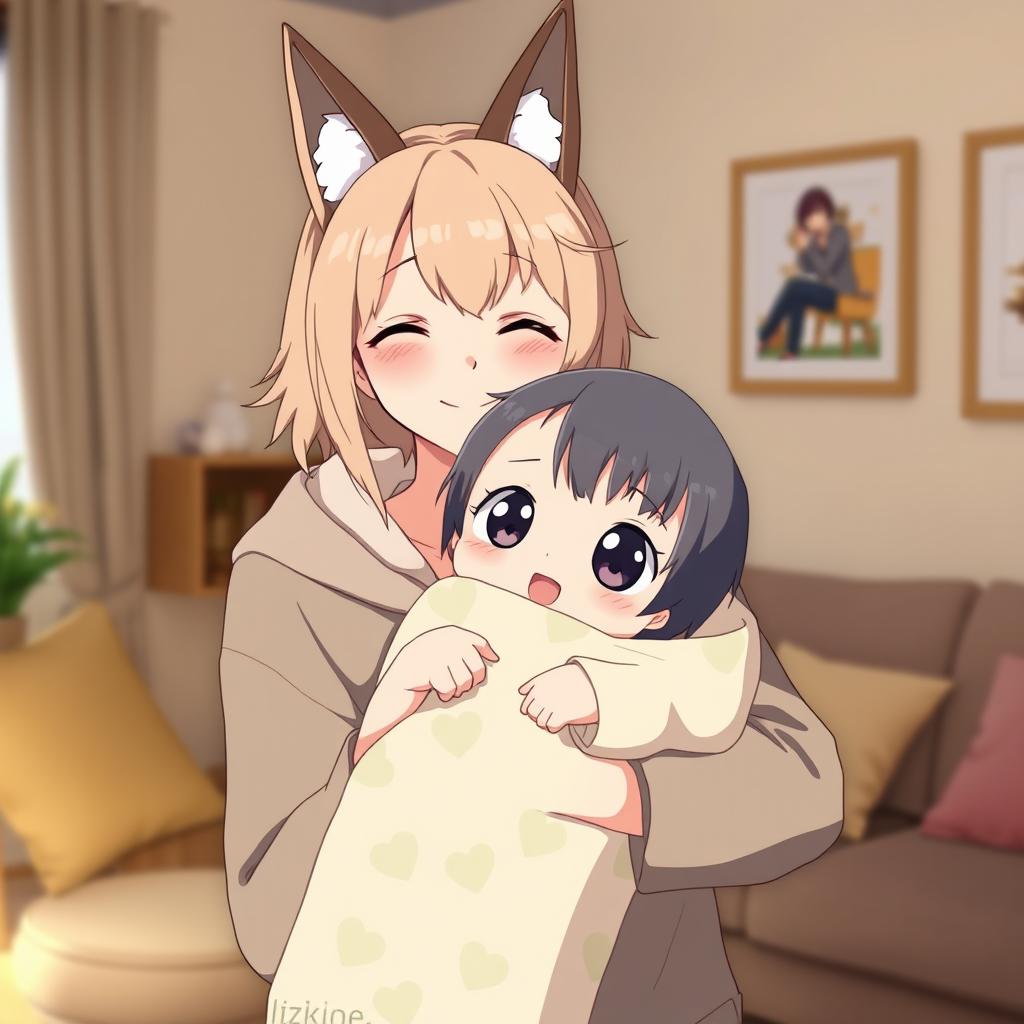 A heartwarming scene of a mother with animal ears holding her anime baby