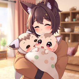 A heartwarming scene of a mother with animal ears holding her anime baby