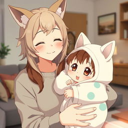 A heartwarming scene of a mother with animal ears holding her anime baby