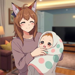 A heartwarming scene of a mother with animal ears holding her anime baby