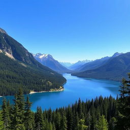 A beautiful landscape featuring a serene lake surrounded by lush green forests and majestic mountains in the background under a clear blue sky