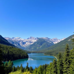 A beautiful landscape featuring a serene lake surrounded by lush green forests and majestic mountains in the background under a clear blue sky