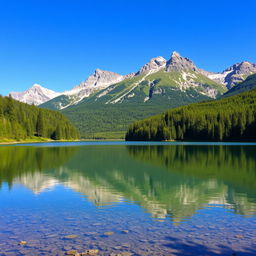 A beautiful landscape featuring a serene lake surrounded by lush green forests and majestic mountains in the background under a clear blue sky