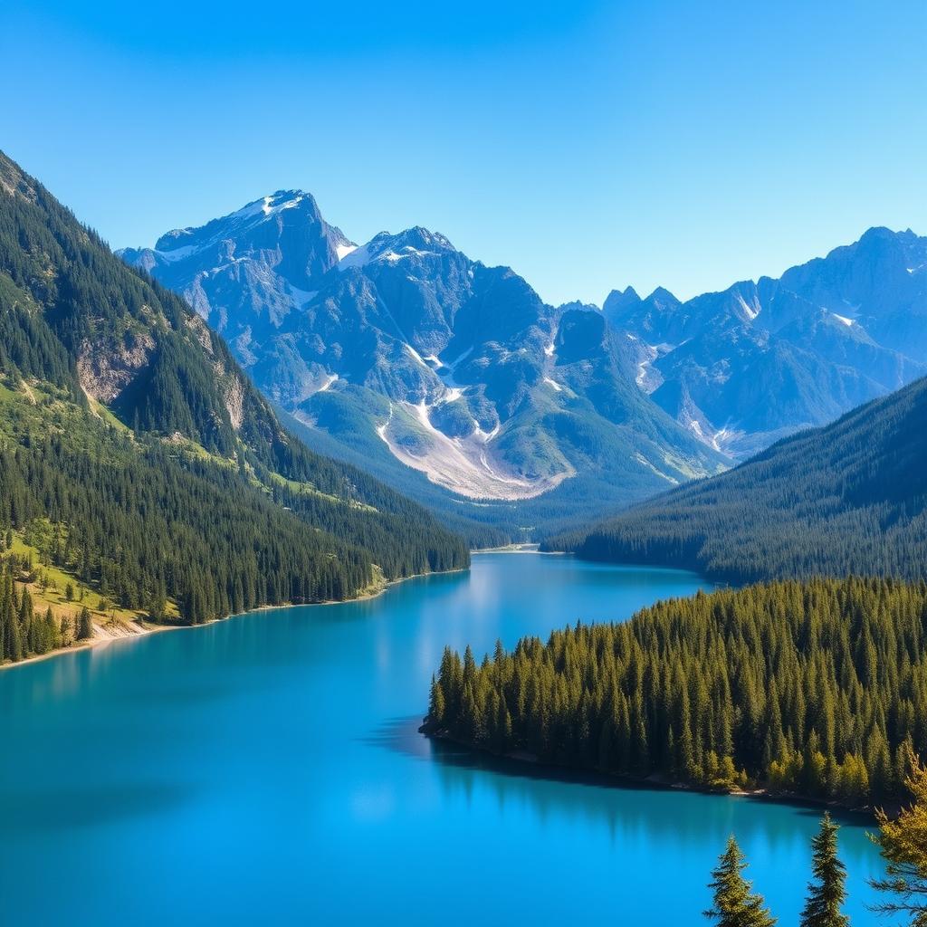 A beautiful landscape featuring a serene lake surrounded by lush green forests and majestic mountains in the background under a clear blue sky