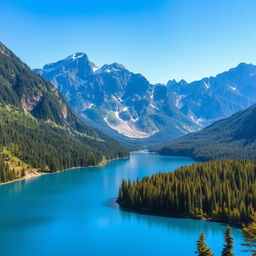 A beautiful landscape featuring a serene lake surrounded by lush green forests and majestic mountains in the background under a clear blue sky