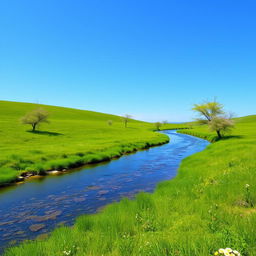 A serene landscape featuring a clear blue sky, a calm river flowing through lush green meadows, and a few scattered trees with colorful flowers blooming around