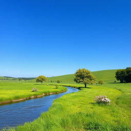 A serene landscape featuring a clear blue sky, a calm river flowing through lush green meadows, and a few scattered trees with colorful flowers blooming around