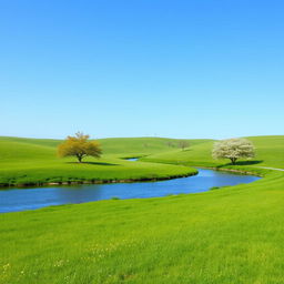 A serene landscape featuring a clear blue sky, a calm river flowing through lush green meadows, and a few scattered trees with colorful flowers blooming around