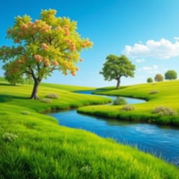 A serene landscape featuring a clear blue sky, a calm river flowing through lush green meadows, and a few scattered trees with colorful flowers blooming around