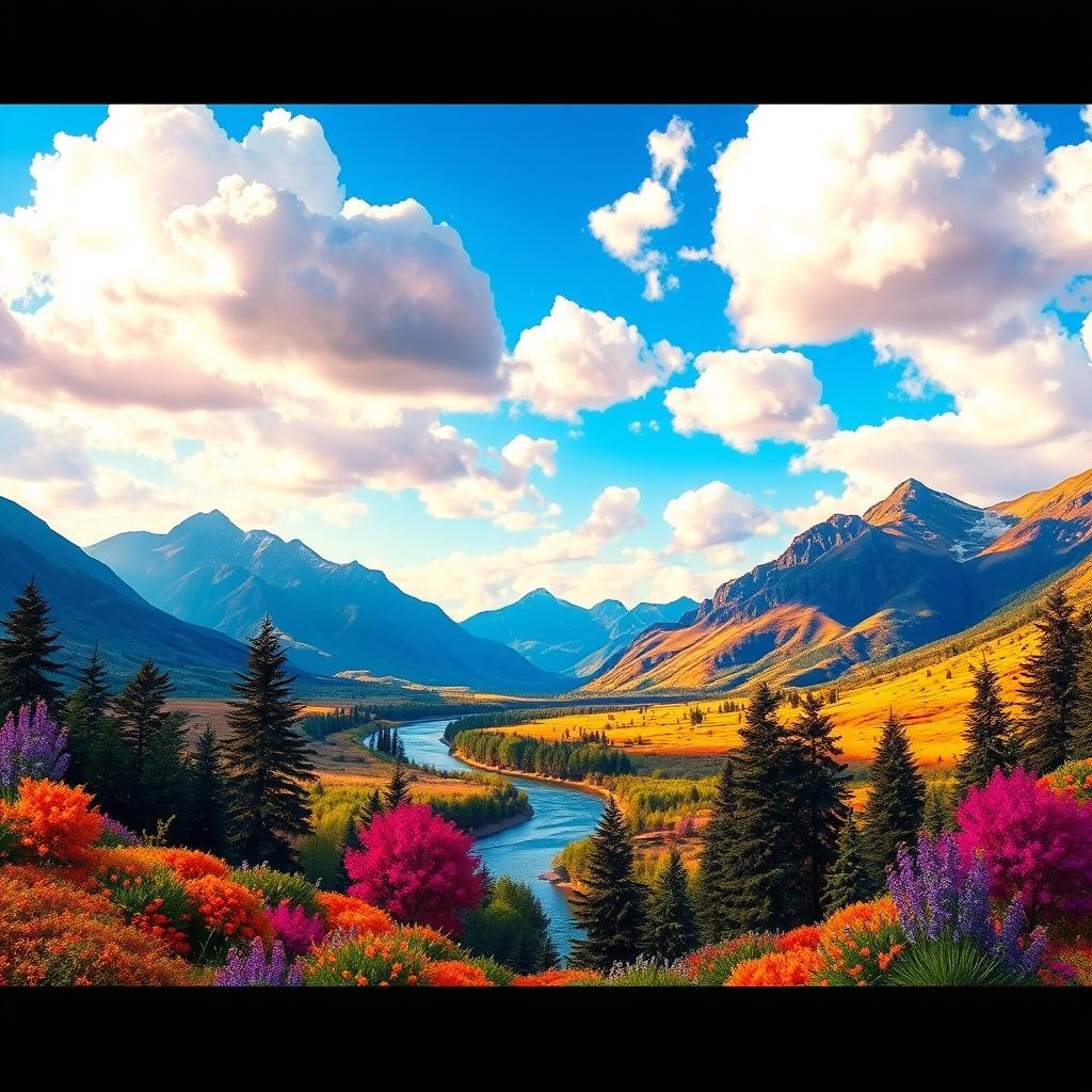 Create a colorful and vibrant image that showcases a beautiful landscape with mountains, a river, and a bright blue sky filled with fluffy clouds