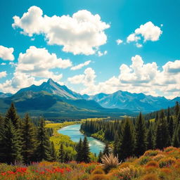 Create a colorful and vibrant image that showcases a beautiful landscape with mountains, a river, and a bright blue sky filled with fluffy clouds