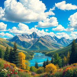 Create a colorful and vibrant image that showcases a beautiful landscape with mountains, a river, and a bright blue sky filled with fluffy clouds