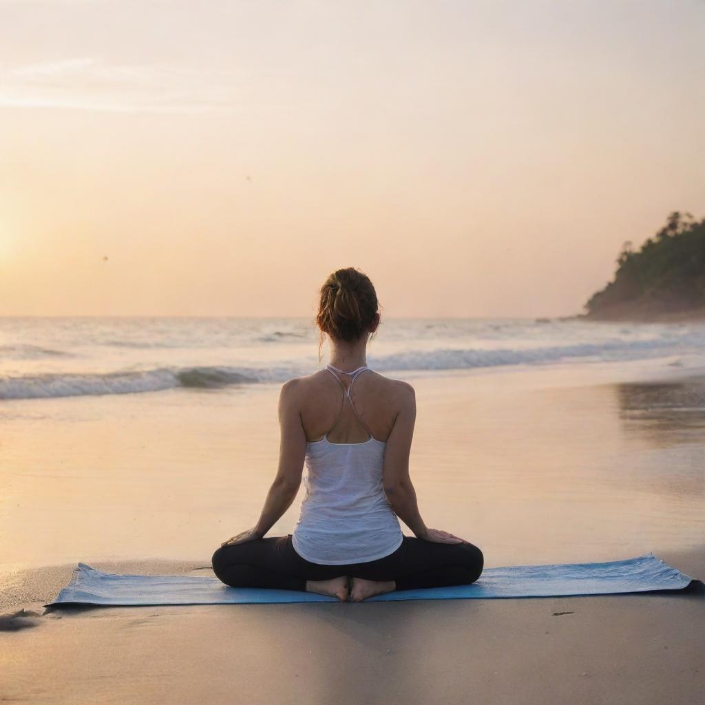 An individual practicing the cat-cow yoga pose on a serene beach at sunrise, enhancing the calming sensation of the exercise.