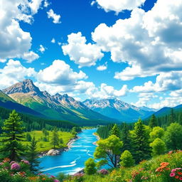 Create a colorful and vibrant image that showcases a beautiful landscape with mountains, a river, and a bright blue sky filled with fluffy clouds