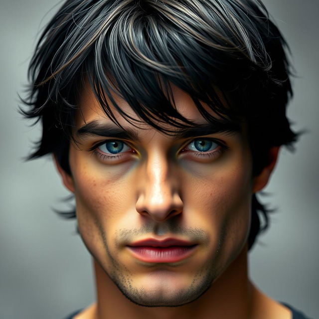 A stunningly handsome man with dark hair and piercing blue eyes