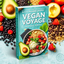 Design a colorful and vibrant book cover for a vegan cookbook titled 'The Vegan Voyage' by Monique Jordan