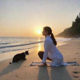 An individual practicing the cat-cow yoga pose on a serene beach at sunrise, enhancing the calming sensation of the exercise.