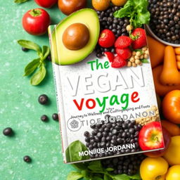 Design a colorful and vibrant book cover for a vegan cookbook titled 'The Vegan Voyage' by Monique Jordan