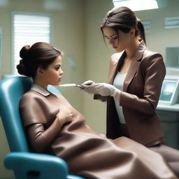 Kate Beckinsale and Selena Gomez are asleep in a dentist chair, both wearing brown leather leggings