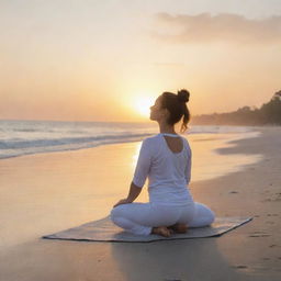 An individual practicing the cat-cow yoga pose on a serene beach at sunrise, enhancing the calming sensation of the exercise.