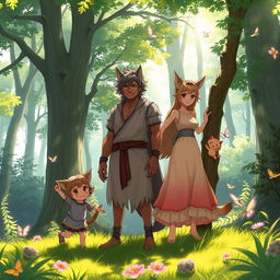 An enchanting scene featuring an anime beastman family in a lush forest