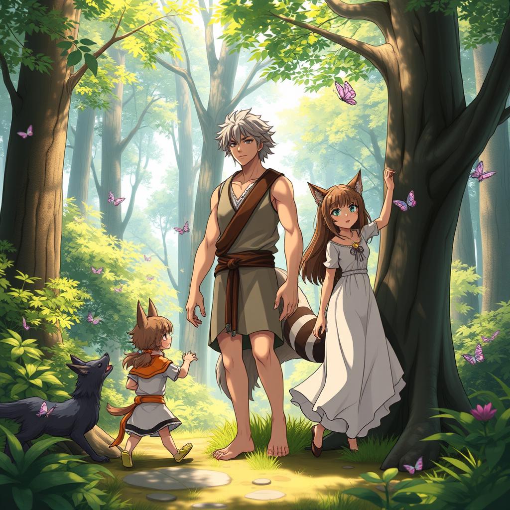 An enchanting scene featuring an anime beastman family in a lush forest