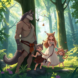 An enchanting scene featuring an anime beastman family in a lush forest