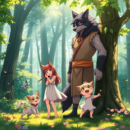 An enchanting scene featuring an anime beastman family in a lush forest