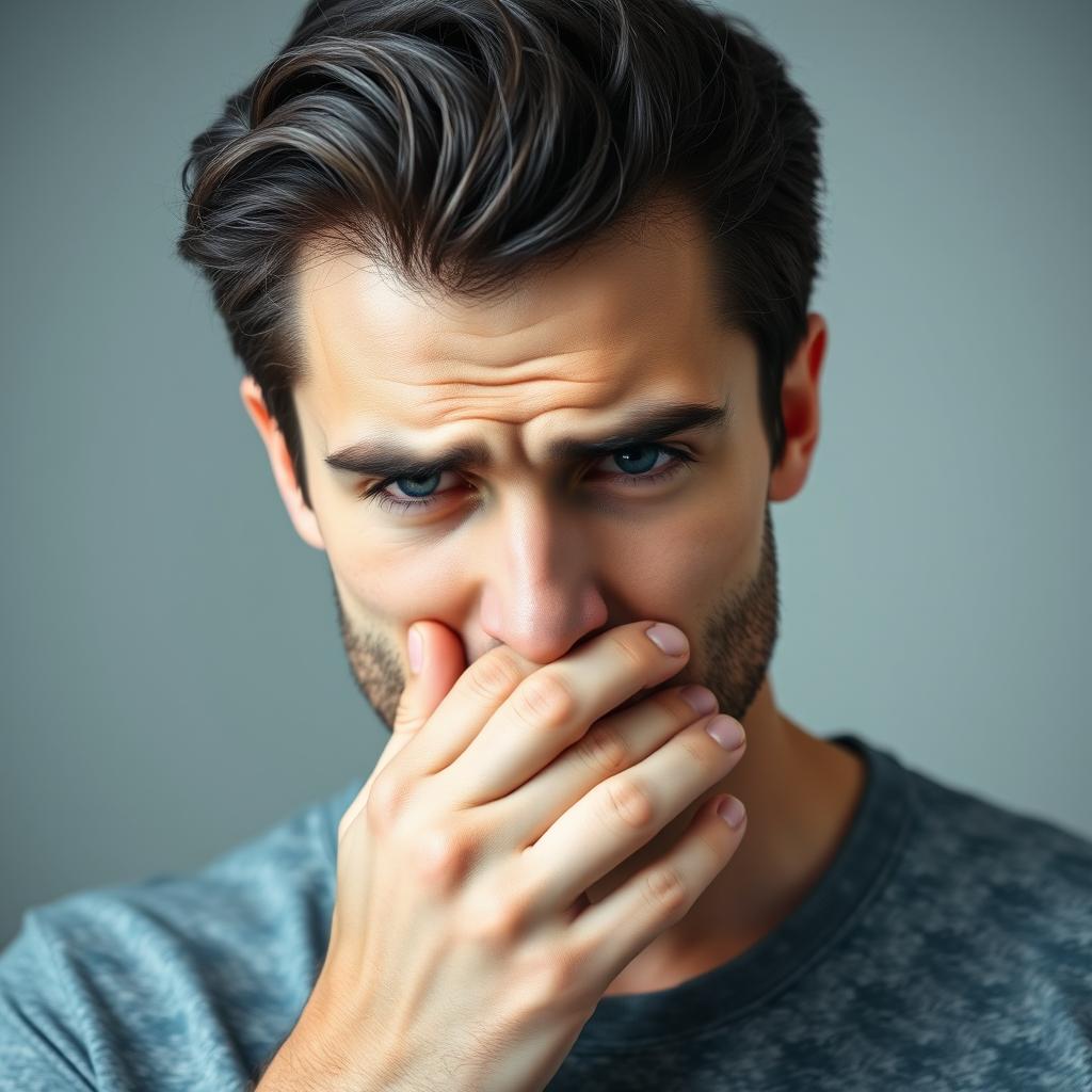 A handsome guy with dark hair and blue eyes is shown coughing