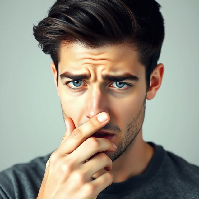 A handsome guy with dark hair and blue eyes is shown coughing