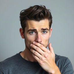 A handsome guy with dark hair and blue eyes is shown coughing