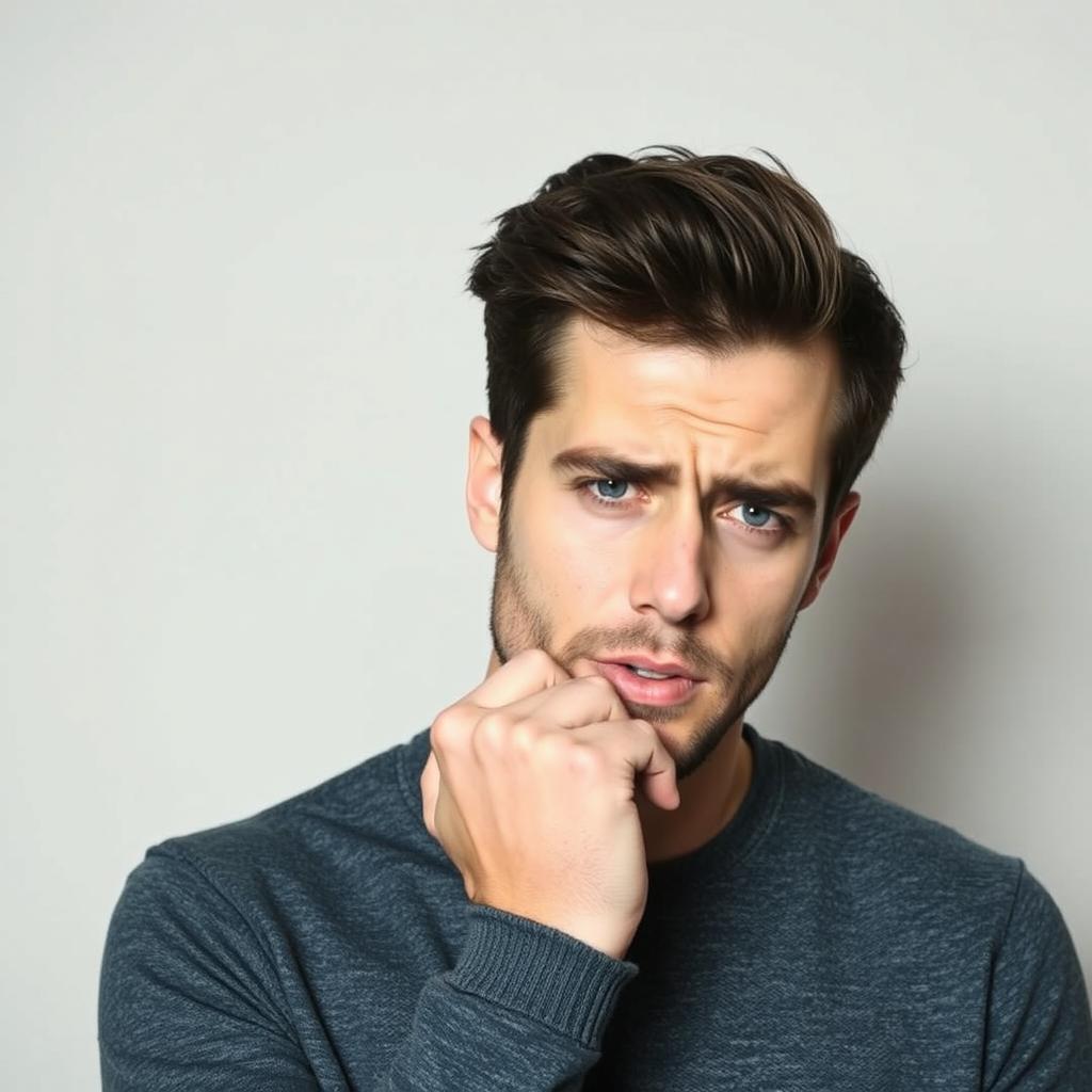 A handsome guy with dark hair and blue eyes is shown coughing into his fist